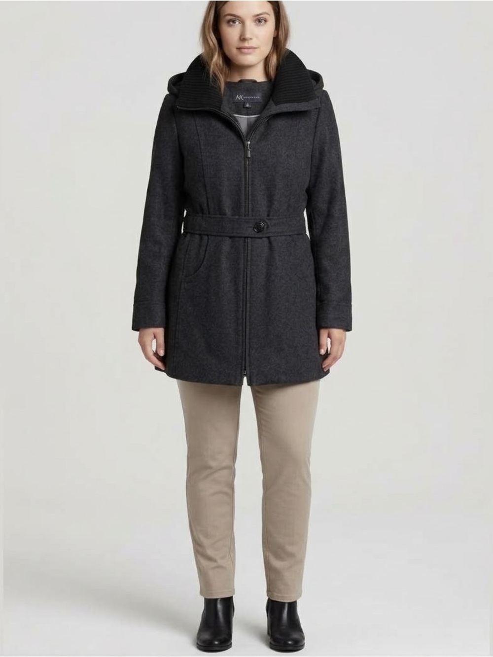 Anne Klein Dark Grey Hooded Jacket Coat Medium